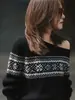 Tops de Alta Qualidade, Leves, Luxuosos, Rejuvenescedores, Estilo Ocidental, Estilo Chá, Chiques, Únicos e Bonitos Tricôs Pretos de Ombro Inclinado para o Início do Outono