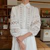 Conjunto de Camisa de Estilo Retro Francés de Otoño Temprano con Exquisitos Mangas de Encaje Hueco + Falda de Cintura Alta con Lazo para Mujer