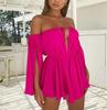 Verano Nuevo Manga Abierta Hombro Descubierto Encaje con Cordones Top Tubo Casual Ropa Exterior Vestido Cintura Alta Vestido de Chifón para Playa de Mujer