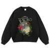 Sudadera con capucha lavada y desgastada estampada anime retro floral negra extragrande hombros caídos sudadera de pullover moderna