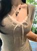 Camiseta de Encaje Empalmado de Manga Corta Estilo Pura Pasión para Mujer Verano Nicho Lazo en la Cintura Aspecto Adelgazante Top Corto Blanco