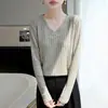 Novedad Otoño/Invierno 2026 Suéter de Punto con Cuello en V Jaspeado de Manga Larga para Mujer, Jersey Holgado de Canalé, Top Base