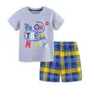 Traje de Verão Transfronteiriço para Meninos Manga Curta Moda Estampada Camiseta Infantil Gola Redonda Conjunto de 2 Peças Shorts de Tricô Infantil