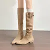 Botas plisadas mate retro para mujer, nuevo estilo otoño/invierno 2026, con hebilla de cinturón, botas de caña alta con punta