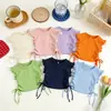 Top de manga corta para niña, verano, corto, color sólido, versátil, elegante, rosa, ropa infantil, cordón, camiseta dopamina