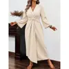 Vestido Longo Feminino Plus Size Transfronteiriço, Decote V, Cintura Torcida, Mangas Flare, Caimento Solto, Elegante Estilo Férias