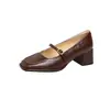 Versão em Couro de Vaca, Elegante de Primavera, Bico Quadrado, Aparência Emagrecedora, Boca Rasa, Sapatos Mary Jane de Salto Grosso para Mulheres, Couro Genuíno