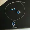 Collar con colgante ovalado de circón azul claro tono océano para mujer, cadena para la clavícula dulce y elegante con un toque de alta gama