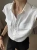 Camisa Chaleco de Lino Caqui sin Mangas con Cuello Polo para Mujer en Verano, Estilo Old Money, Holgada, Ceñida a la Cintura y Elegante