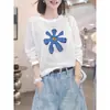 Camiseta feminina de manga comprida para o início do outono em algodão com floco de neve, gola redonda, nova moda 2026, top branco versátil