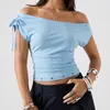 Camiseta Feminina Verão Europeu e Americano Transfronteiriça Estilo Doce e Picante Manga Curta Perfurada Confortável Design de Amarrar em Um Ombro Slim Fit