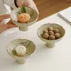 Plato de Fruta de Cerámica Color Ceniza de Fábrica Plato de Snacks Bandeja de Té para Sala de Estar Plato Alto con Boca de Flor Plato de Espárragos Verde Esmeralda Pintado a Mano