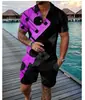 Conjunto de 2 piezas de moda casual para hombre europeo y americano transfronterizo: Polo con cremallera y estampado 3D de manga corta y pantalones cortos