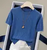 Camiseta de punto de seda helada calada de manga corta color Azul Neblina para Mujer, Nueva de Verano 2026, Delgada, Holgada, Juvenil, Elegante