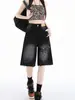 Shorts de mezclilla rasgados de moda para mujer, nuevo estilo caluroso de verano, negros de cintura alta, que cubren la cadera, de corte A, pierna ancha, de longitud media