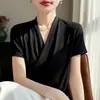 Camiseta de Estilo Retro Francés de Lujo Antiguo Estilo Old Money con Pliegues Cruzados para Mujer, Nueva Moda de Verano, Elegante Cuello en V de Manga Corta con Diseño Adelgazante