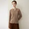 Cardigã feminino de cashmere, puro cashmere de cabra, novo estilo outono e inverno, gola redonda, bordas enroladas, abotoado, jaqueta suéter de tricô, branco puro