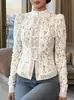 Camisa de renda bestseller transfronteiriça, top estilo retrô francês chinês, gola alta com botões, camisa externa curta slim fit