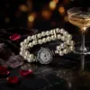 Venta al por mayor de relojes elásticos de cuarzo con perlas artificiales de doble fila en stock, relojes de pulsera con incrustaciones de diamantes transfronterizos y relojes de mujer con estampado floral