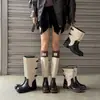 Botas de montaria retas femininas de couro bovino + tecido, novo modelo outono e inverno, bico redondo de couro genuíno com fivela e color-blocking, botas longas femininas