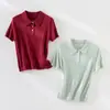 26º Verano Nuevo para Mujer Retro Tejido de Canalé Cuello Polo Manga Corta Ajustado Elegante Cuello Solapa Top Camiseta