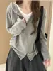 Jaqueta casual feminina macia e confortável de corte solto com capuz e zíper duplo, perfeita para primavera e outono, apresentando um estilo relaxado e sem esforço