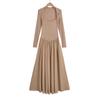 Vestido Elegante Estilo Francês Novo para a Primavera 2025, Patchwork, Secagem Rápida, Manga Longa, para Mulheres com Decote Quadrado, Cobertura dos Ombros, Cinto na Cintura, Emagrecimento, Vestido Longo Slim
