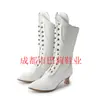 Novas Botas Femininas de Cano Médio para Outono e Inverno com Salto Médio, Salto Irregular, Cadarço Branco, Botas de Moda até o Joelho para Mulheres Baixas