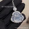 Collar de jade de Buda Maitreya de ágata con incrustaciones de calcedonia blanca hielo bañado en plata al por mayor, colgante de Buda de gran barriga para hombre, comparable al jade