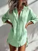 2026 Moda Exterior Femenina Transfronteriza Europea y Americana Cárdigan de Punto de Longitud Media Solapa Holgado Color Sólido Camisa Top de Algodón y Lino para Mujer Verano