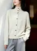 Suéter cárdigan de lana de punto para mujer Bacis House, cuello alto, de un solo botón, estilo casual, abrigo de punto, gris beige
