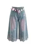 Ropa de Talla Grande para Mujer Sentido del Diseño Bordado Jeans de Pierna Ancha de Siete Puntos Shorts Rectos de Cintura Alta de Verano para Mujer Nicho
