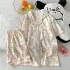 (Precio del paquete) Conjunto de dos piezas de algodón nube doble corto de manga corta de 120g, pijama dulce y lindo para casa para mujer