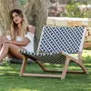 Silla Sofá de Ocio de Madera Maciza Nórdica Tejido de Cuerda Tejido a Rayas Cruzadas B&B Impermeable Silla Mecedora Individual para Patio Exterior