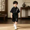 Conjunto de Camisa de Manga Curta com Estampa de Folha de Bambu Estilo Chinês Novo de Verão para Meninos, Lindo Conjunto de Duas Peças de Vestido Estilo Chinês Novo