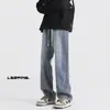 Jeans Street Style Americano Rasgado com Cordão Cintura Elástica Unissex Marca Tendência Patchwork Desconstruído Solto Reto Versátil Calça Longa