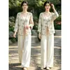Conjunto de Moda Personalizado Estilo Chinês Novo Tendência Nacional para Mulheres Verão 2026 Novo Top Estampado Solto com Cadarço Calça de Perna Larga