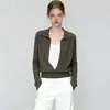 Estilo Old Money Suéter Falso de Dos Piezas Bloque de Color Cuello Polo Manga Larga para Mujer Otoño Ajustado Solapa Tacto de Alta Gama Hombro Recto Top