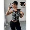 Top regata sexy feminino transfronteiriço europeu e americano com estampa pied-de-poule, caimento justo, gola halter, amarração, top curto preto
