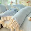 Juego de cama de encaje estilo princesa de otoño e invierno, juego de cuatro piezas de terciopelo de leche, funda nórdica de forro polar de doble cara más sábana de vellón coral de terciopelo