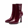1058-A7 Lançamento Bota de Salto Alto Bico Fino Feminina Couro Patente Impermeável Plataforma Emagrecedora Temperamento Zíper Lateral