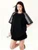 Camiseta de Verano para Mujer Estilo Deportivo Retro Americano Bloques de Color Rayas Manga Corta Tendencia Marca Diseño Patchwork Cuello Redondo Media Manga