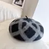 Boina de Diamante Jacquard ZG Japonés para Niños Otoño e Invierno Lana de Australia Tejida Gorro de Pintor Rayado en Contraste