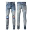 Marca de moda TR AMIRI lavado pesado con agujeros artesanales jeans ajustados de cuero de alta calidad para hombre