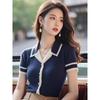 2025 Estilo Tweed Reductor de Edad Versátil Diseño de Color Contrastante Nuevo Cuello Solapa Manga Corta Delgado Moda Tejido Top para Mujer