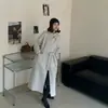 Abrigo largo de lana de doble cara de alta gama gris, con cuello mao, corte holgado, para mujer, hasta la rodilla, con cordones, abrigo grueso de lana