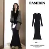 Vestido saia de tricô preto estilo rabo de peixe para mulheres, perfeito para usar em camadas sob um casaco no outono e inverno, um deslumbrante vestido longo justo ao corpo