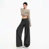Pantalones casuales para mujer, pantalones de traje a rayas estilo americano de pierna ancha sueltos, pantalones largos a rayas grises, pantalones plisados extendidos a rayas grises
