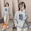 Sudadera Gruesa con Forro de Polar y Cuello Redondo para Mujer Otoño e Invierno 2024 Corte Holgado Estampado de Caricaturas con Gafas Grandes Top Cálido de Cuello Redondo