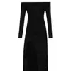 Vestido feminino de manga longa irregular com fenda, plissado, ombro a ombro, estilo europeu e americano, 2025, caimento justo, saia longa em A